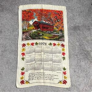 Vintage Perpetual Calendar 1974 Covered Bridge Leaves Kitchen Tea Towel Kitschy